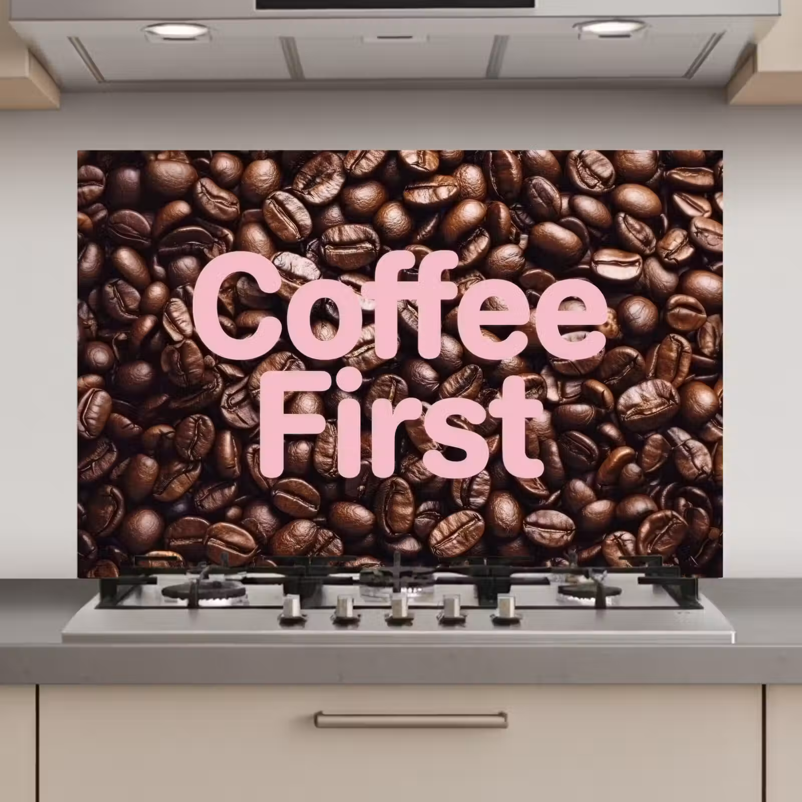 Spatscherm keuken - Coffee First - Koffiebonen - Roze — 1