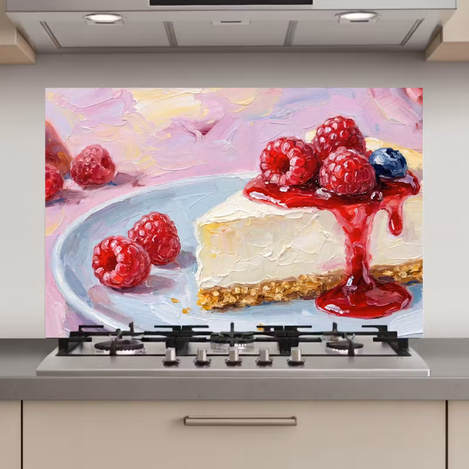 Spatscherm keuken - Eten - Cheesecake - Bessen - Abstract - Roze — 1
