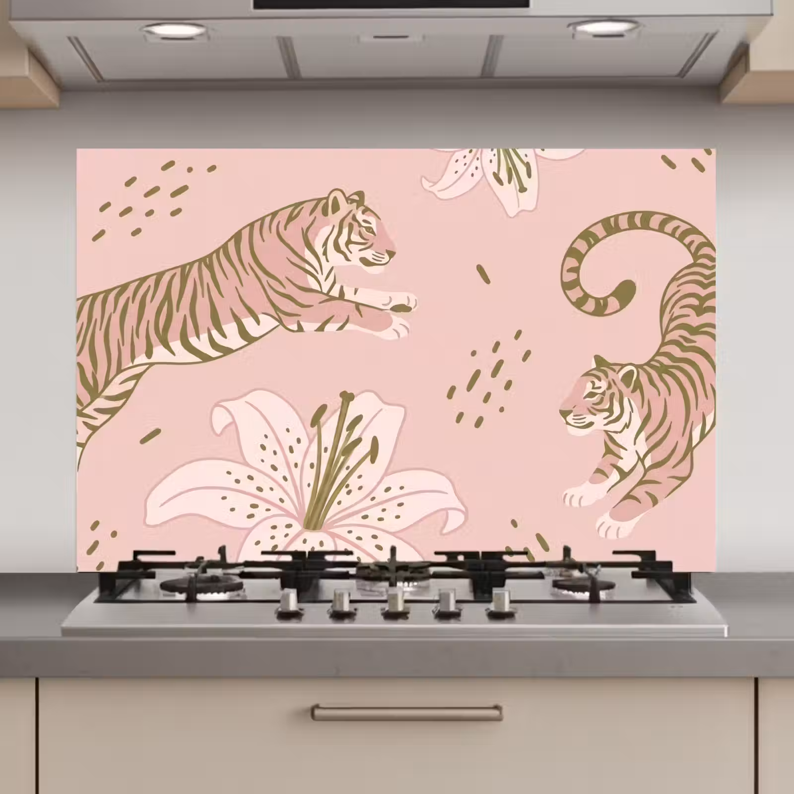 Spatscherm keuken - Kat - Springend - Bloemen - Abstract - Roze — 1
