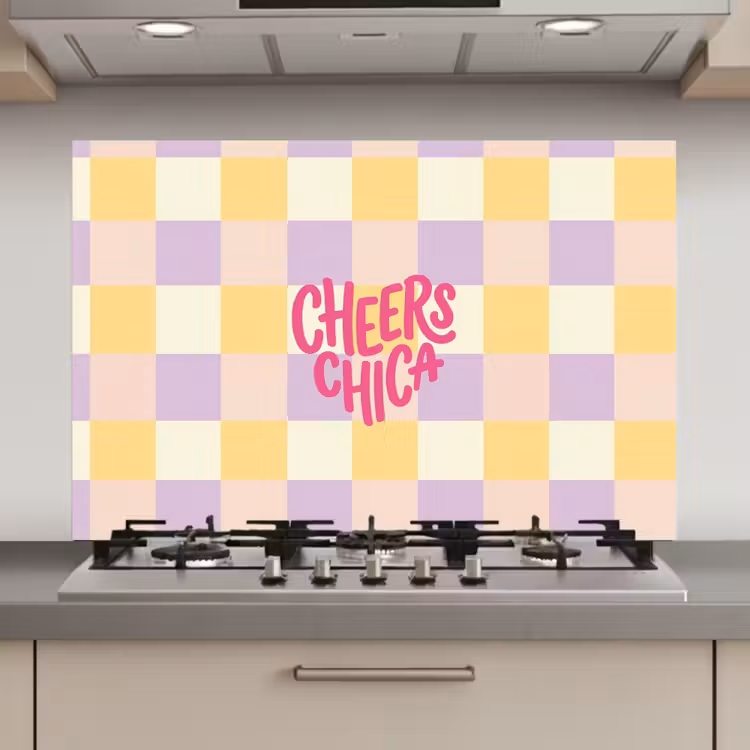 Spatscherm keuken - Cheers Chica - Ruitjes - Lila - Geel — 1