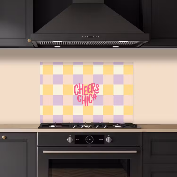 Spatscherm keuken - Cheers Chica - Ruitjes - Lila - Geel — 2