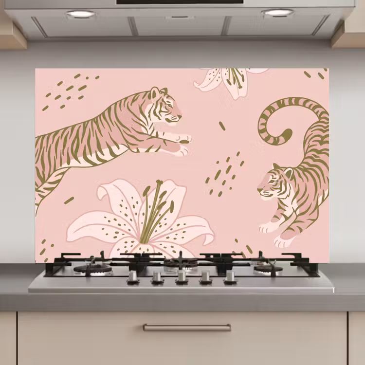 Spatscherm keuken - Kat - Springend - Bloemen - Abstract - Roze — 1
