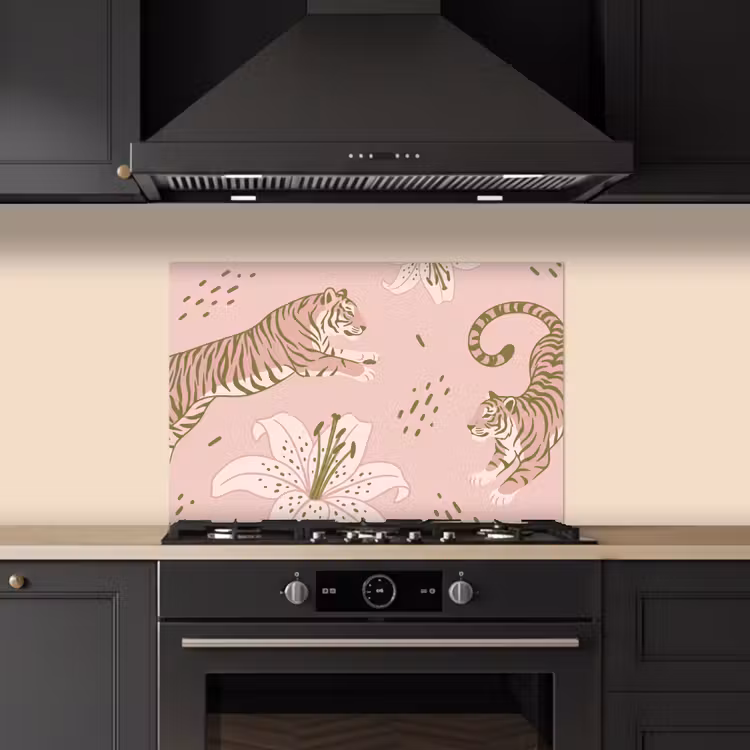 Spatscherm keuken - Kat - Springend - Bloemen - Abstract - Roze — 2