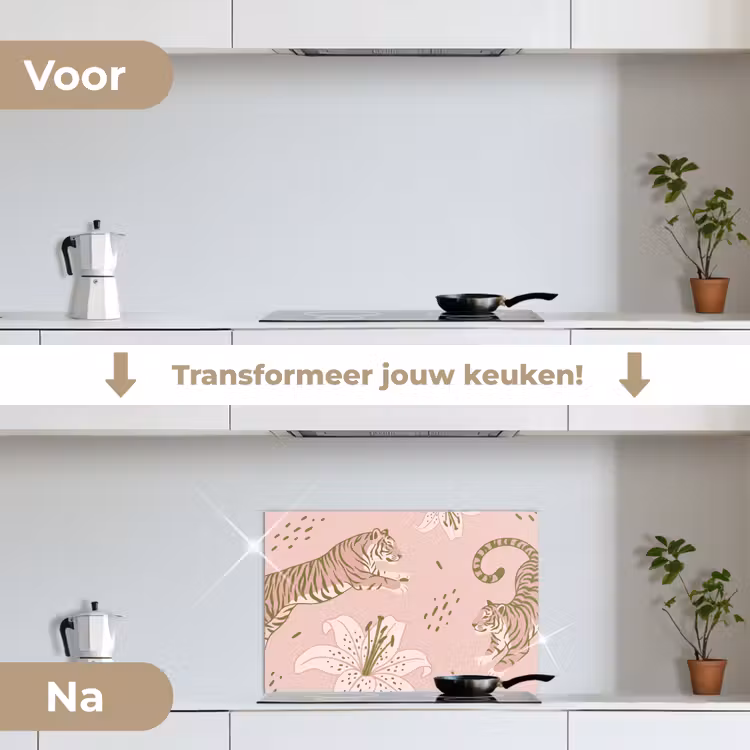 Spatscherm keuken - Kat - Springend - Bloemen - Abstract - Roze — 3