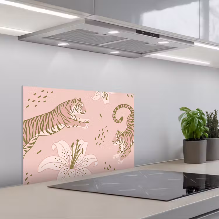 Spatscherm keuken - Kat - Springend - Bloemen - Abstract - Roze — 5