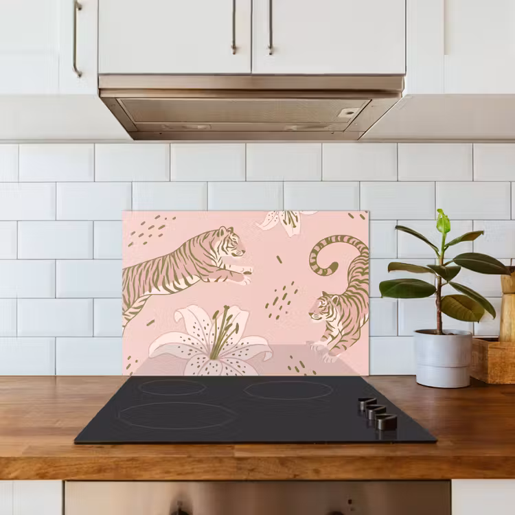 Spatscherm keuken - Kat - Springend - Bloemen - Abstract - Roze — 6