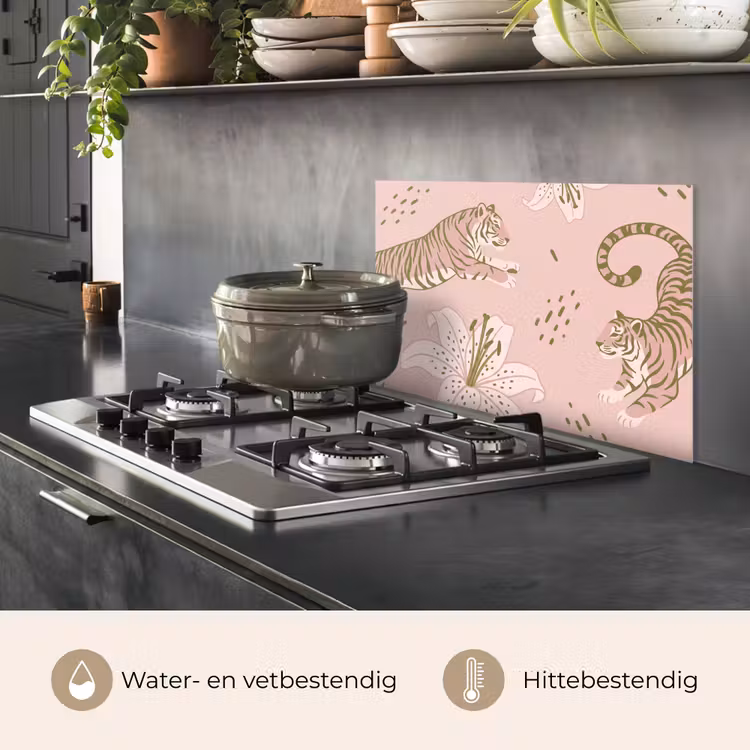 Spatscherm keuken - Kat - Springend - Bloemen - Abstract - Roze — 7
