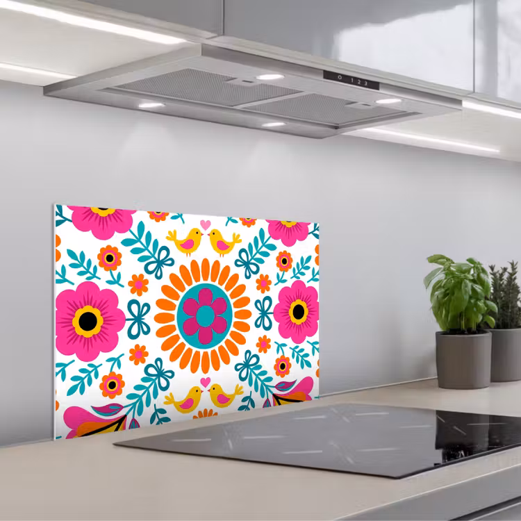 Spatscherm keuken - Bloemen - Vogel - Patroon - Kleurrijk - Modern — 5