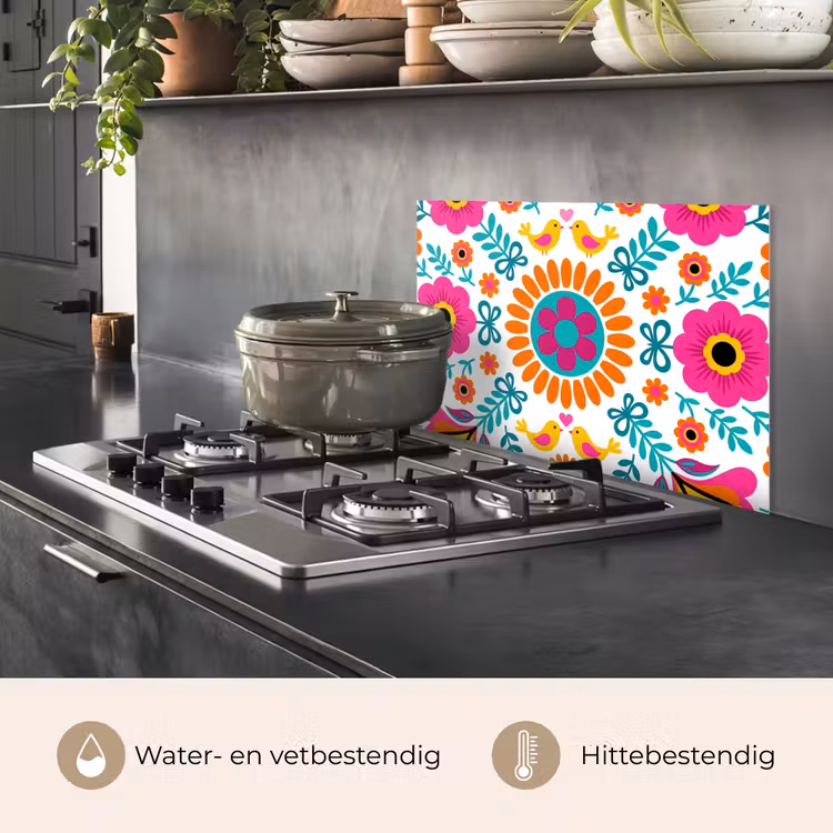 Spatscherm keuken - Bloemen - Vogel - Patroon - Kleurrijk - Modern — 7