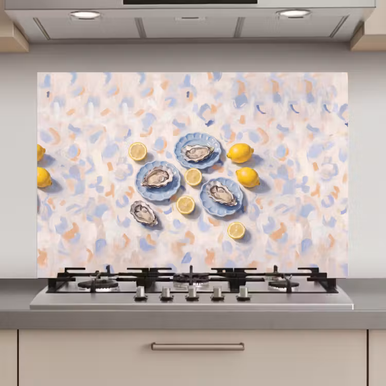 Spatscherm keuken - Eten - Oesters - Citroenen - Modern - Geel — 1
