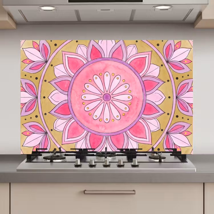 Spatscherm keuken - Mandala - Patroon - Kunst - Aquarel - Roze — 1