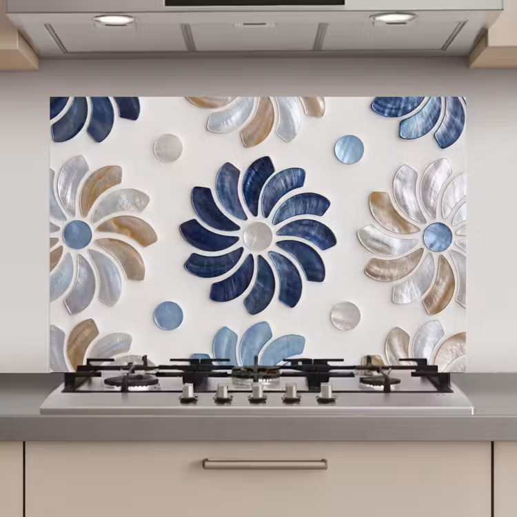 Spatscherm keuken - Bloemen - Parelmoer - Abstract - Patroon - Blauw — 1