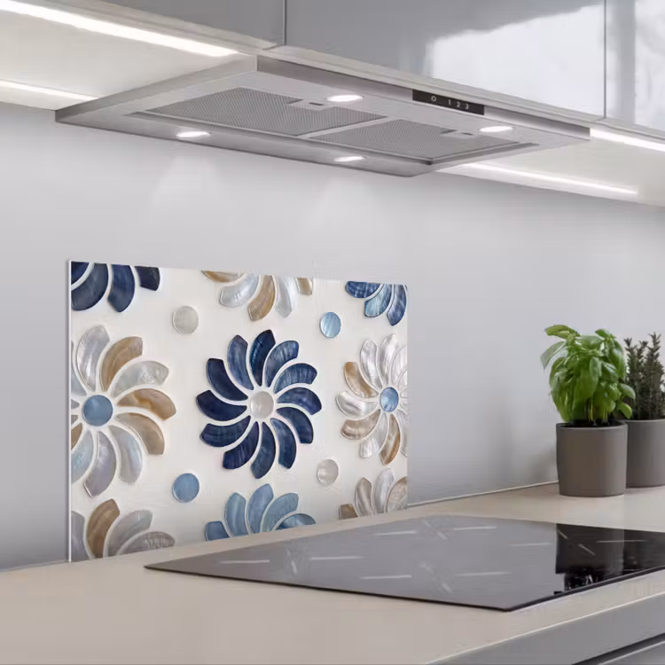 Spatscherm keuken - Bloemen - Parelmoer - Abstract - Patroon - Blauw — 5