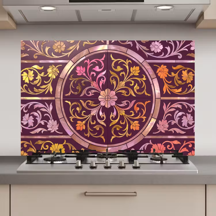 Spatscherm keuken - Patroon - Floraal - Oosters - Paars - Goud — 1
