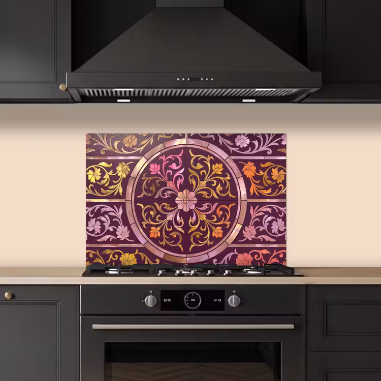 Spatscherm keuken - Patroon - Floraal - Oosters - Paars - Goud — 2
