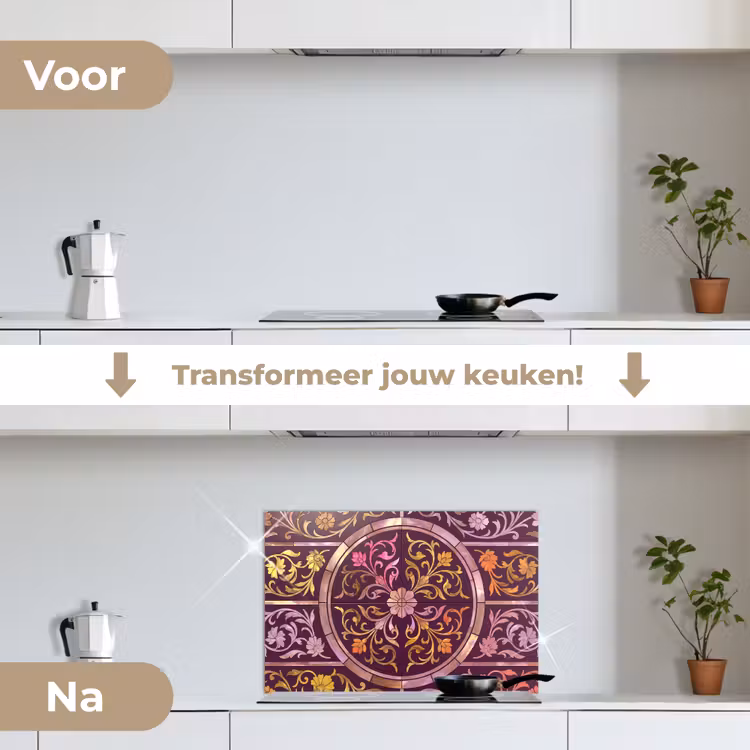 Spatscherm keuken - Patroon - Floraal - Oosters - Paars - Goud — 3