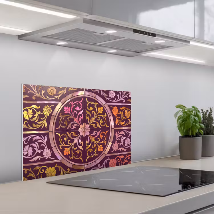 Spatscherm keuken - Patroon - Floraal - Oosters - Paars - Goud — 5