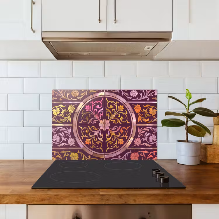 Spatscherm keuken - Patroon - Floraal - Oosters - Paars - Goud — 6