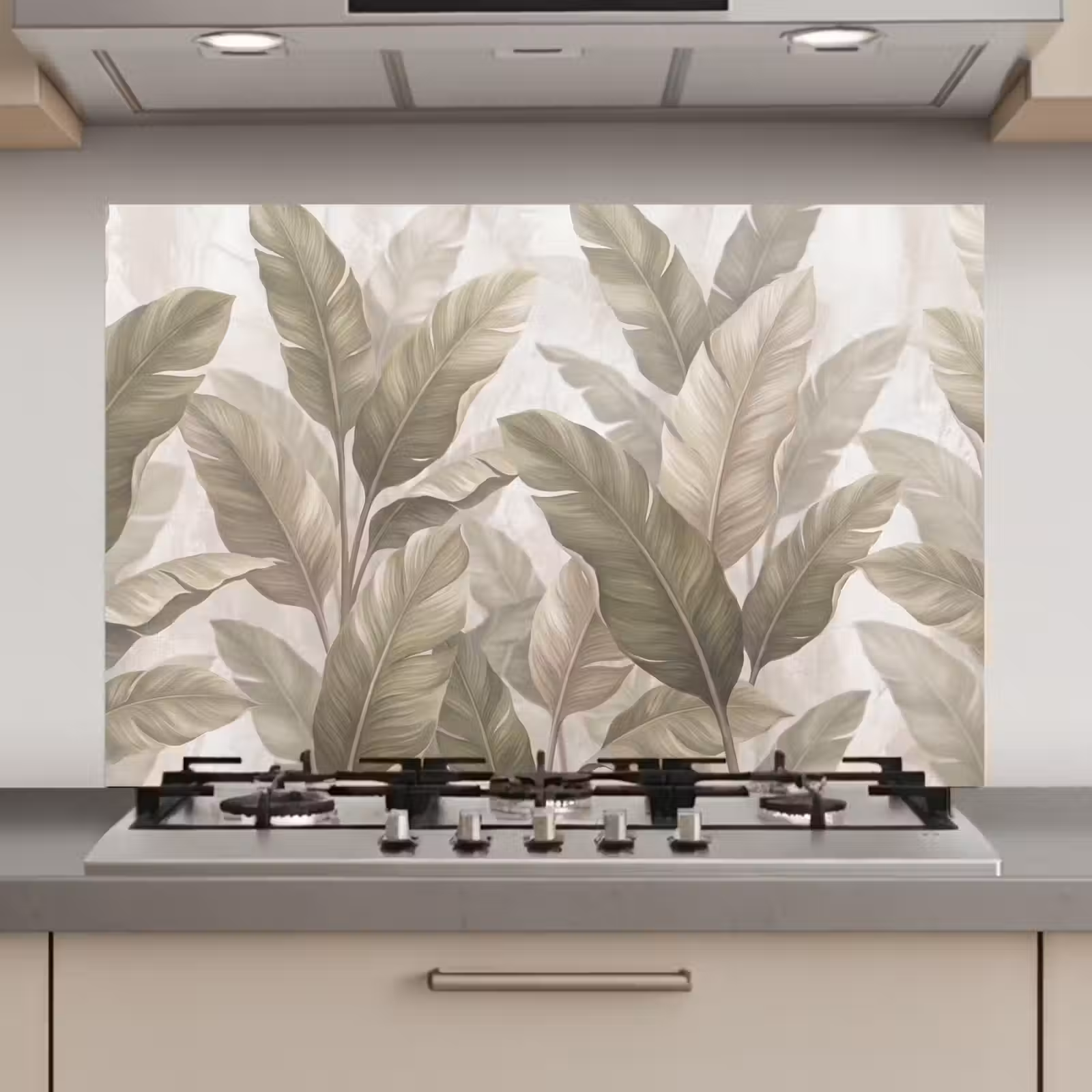 Spatscherm keuken - Bladeren - Tropisch - Natuur - Abstract - Beige — 1