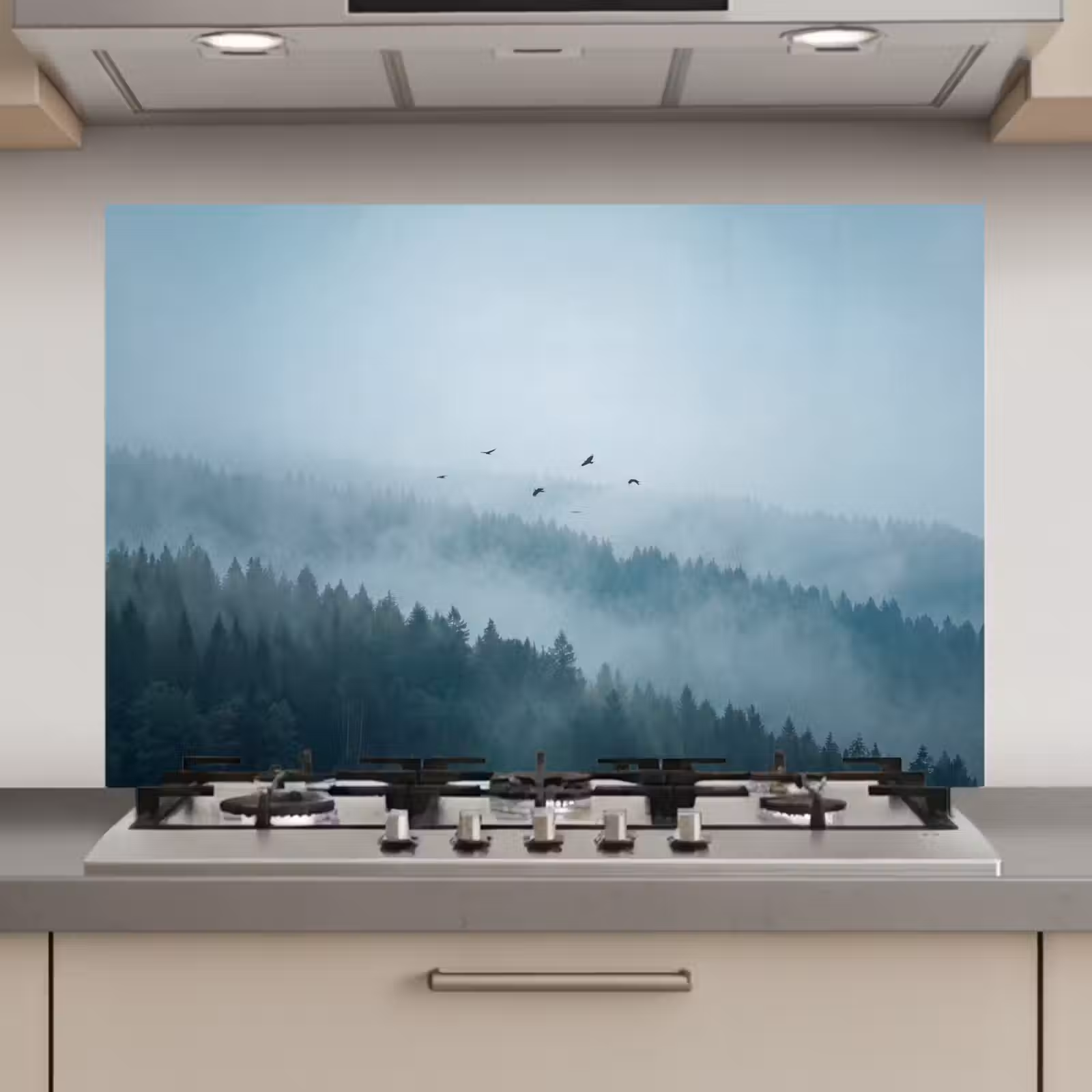 Spatscherm keuken - Bos - Mist - Vogels - Natuur - Groen — 1