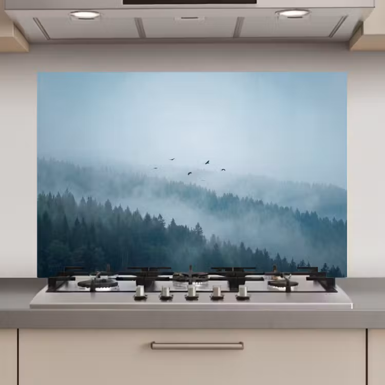 Spatscherm keuken - Bos - Mist - Vogels - Natuur - Groen — 1