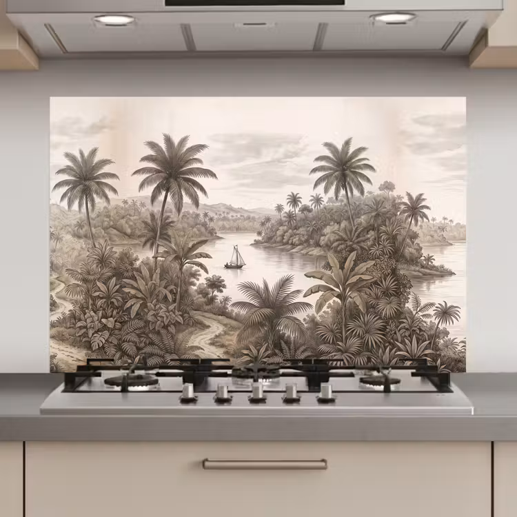 Spatscherm keuken - Landschap - Rivier - Boot - Tropisch - Vintage — 1