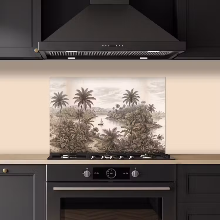 Spatscherm keuken - Landschap - Rivier - Boot - Tropisch - Vintage — 2