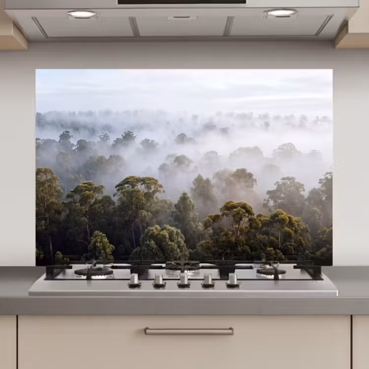 Spatscherm keuken - Natuur - Mist - Bos - Ochtend - Goud — 1
