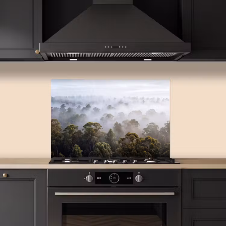 Spatscherm keuken - Natuur - Mist - Bos - Ochtend - Goud — 2