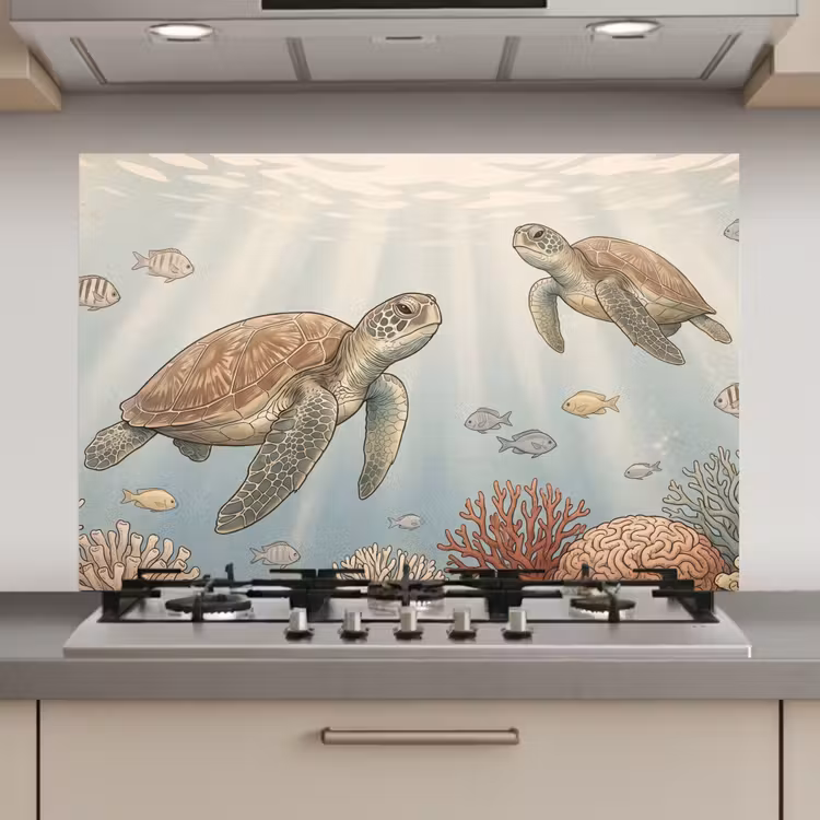 Spatscherm keuken - Schildpad - Onderwater - Natuur - Illustratie — 1
