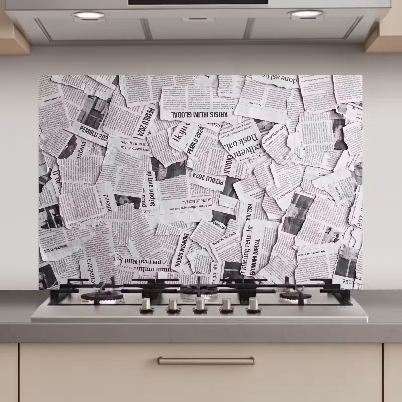 Spatscherm keuken - Krant - Versnipperd - Textuur - Zwart-wit - Abstract — 1