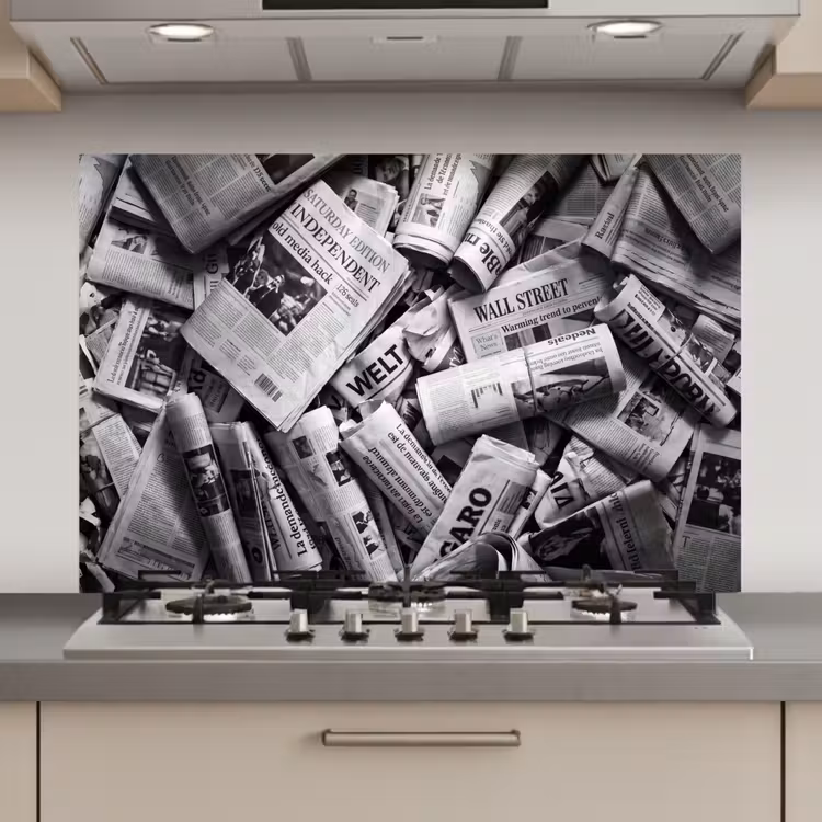 Spatscherm keuken - Krant - Stapel - Nieuws - Zwart-wit — 1