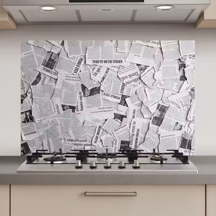Spatscherm keuken - Krant - Versnipperd - Textuur - Zwart-wit - Abstract — 1