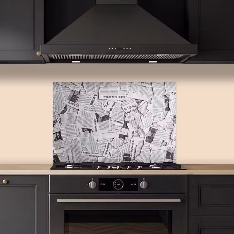 Spatscherm keuken - Krant - Versnipperd - Textuur - Zwart-wit - Abstract — 2