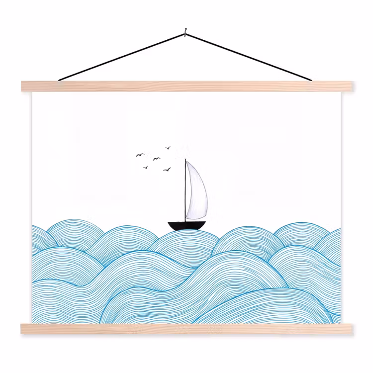 Schoolplaat - Zeilboot - Golven - Zee - Illustratie - Blauw — 1