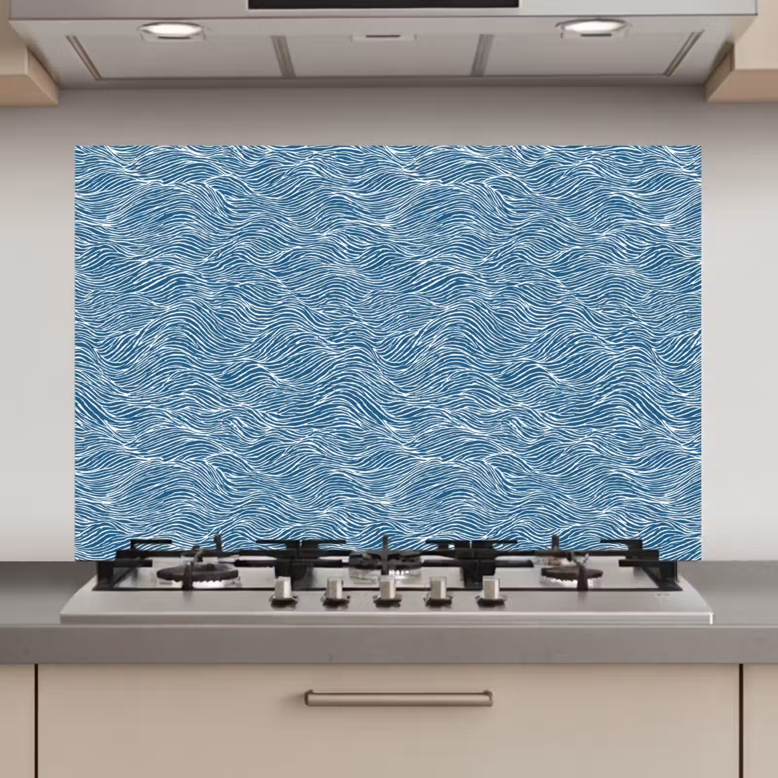 Spatscherm keuken - Blauw - Wit - Golven - Getekend - Textuur — 1