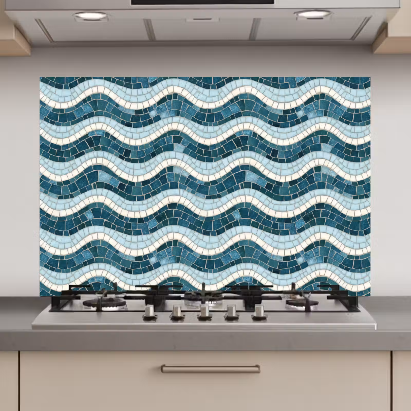 Spatscherm keuken - Blauw - Wit - Mozaïek - Golvend — 1