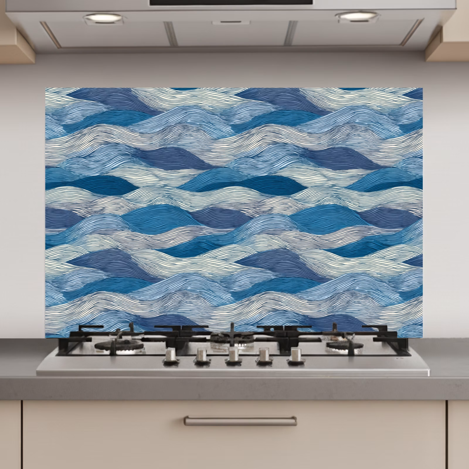 Spatscherm keuken - Getekend - Blauw - Wit - Golvend - Streepjes — 1