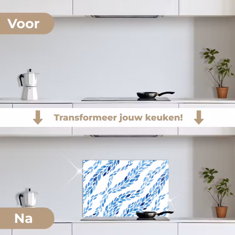Spatscherm keuken - Bladeren - Aquarel - Patroon - Modern - Blauw — 3