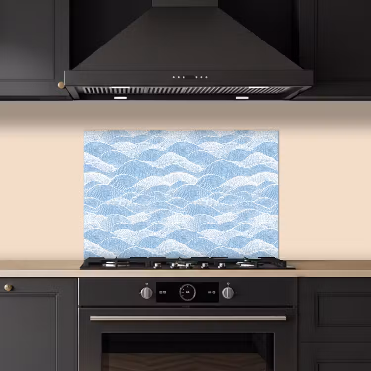 Spatscherm keuken - Blauw - Wit - Golven - Getekend — 2