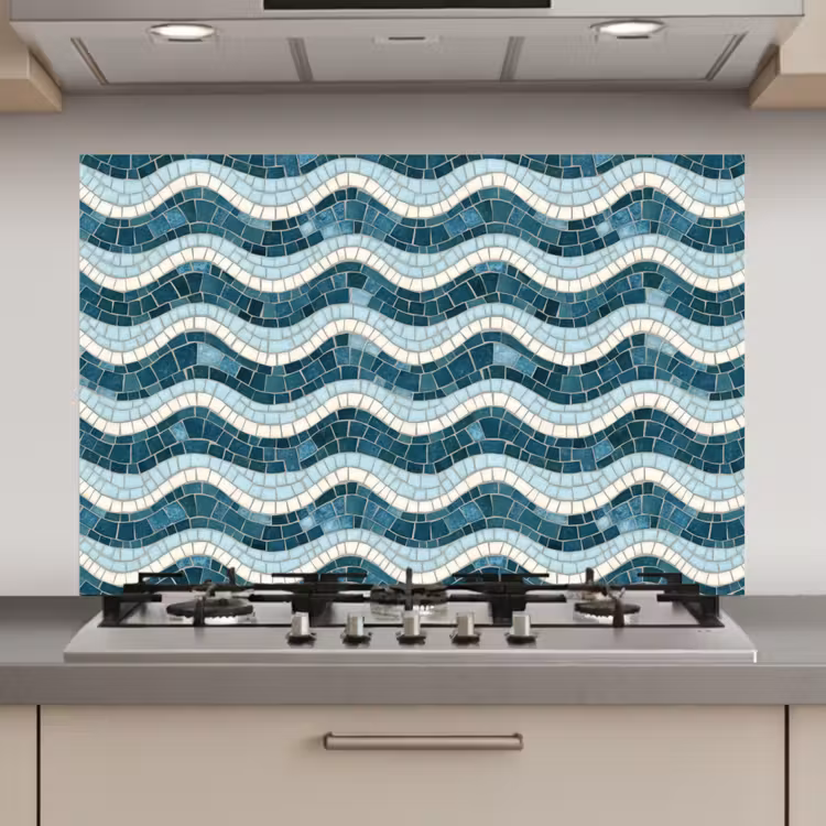 Spatscherm keuken - Blauw - Wit - Mozaïek - Golvend — 1