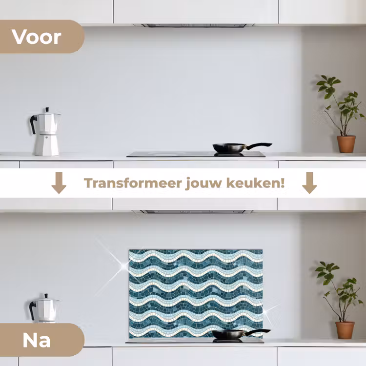 Spatscherm keuken - Blauw - Wit - Mozaïek - Golvend — 3