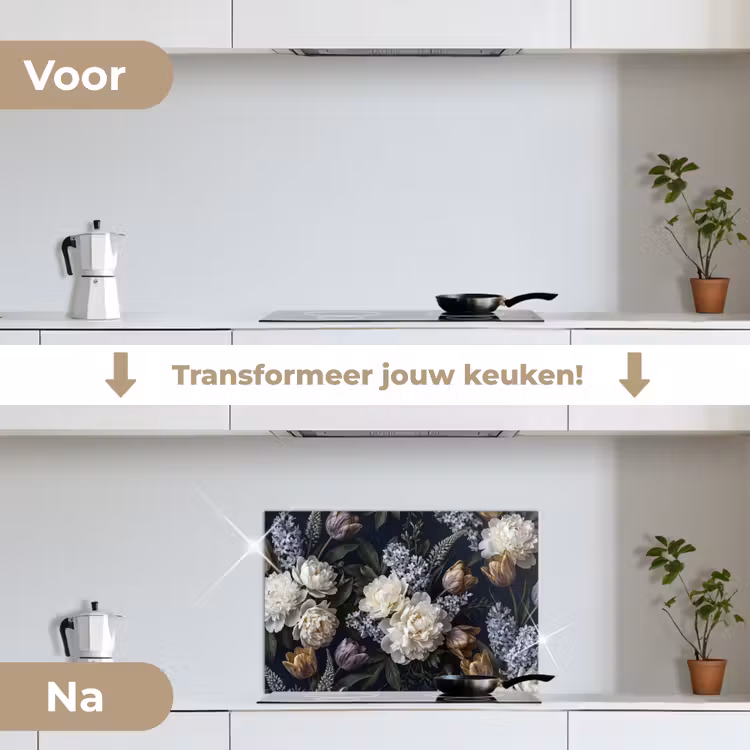 Spatscherm keuken - Bloemen - Donker - Elegant - Natuur - Wit — 3