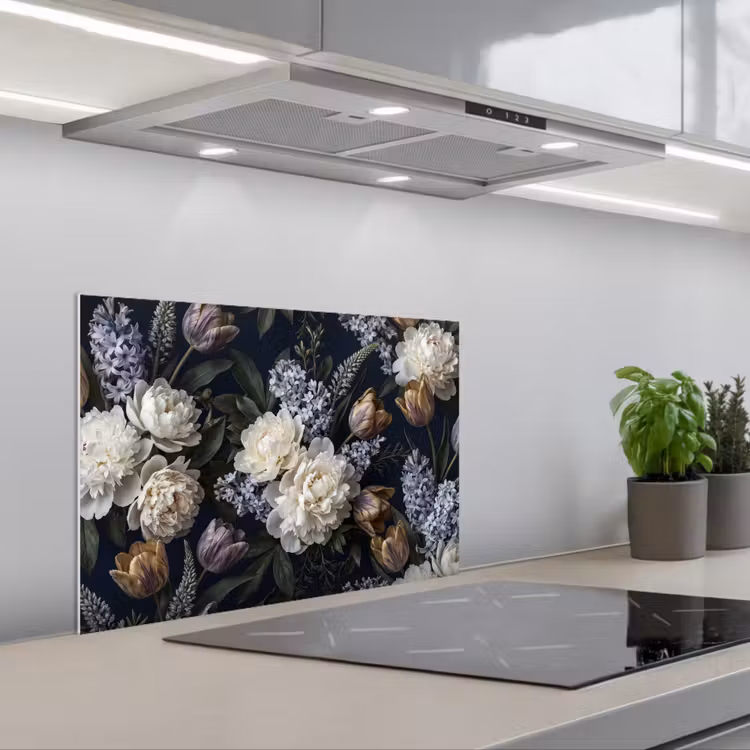 Spatscherm keuken - Bloemen - Donker - Elegant - Natuur - Wit — 5