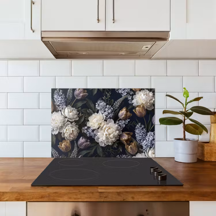 Spatscherm keuken - Bloemen - Donker - Elegant - Natuur - Wit — 6