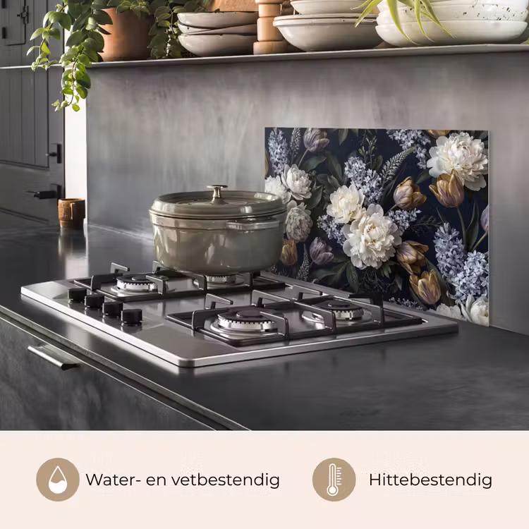 Spatscherm keuken - Bloemen - Donker - Elegant - Natuur - Wit — 7