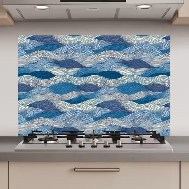 Spatscherm keuken - Getekend - Blauw - Wit - Golvend - Streepjes — 1