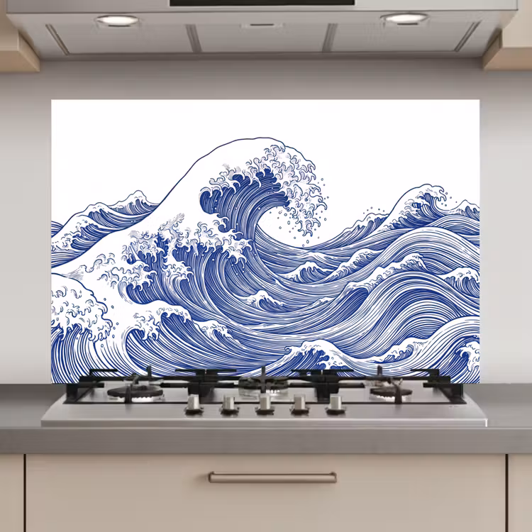 Spatscherm keuken - Golf - Japans - Zee - Illustratie - Blauw — 1