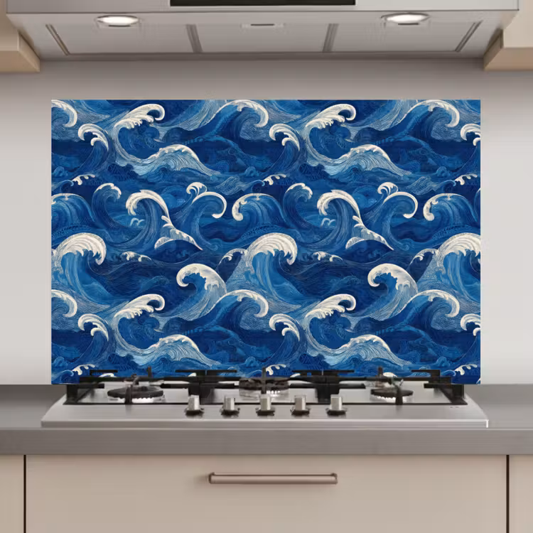 Spatscherm keuken - Japans - Oceaan - Golven - Blauw — 1