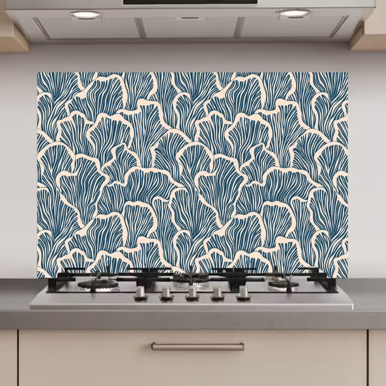 Spatscherm keuken - Organisch - Blauw - Crème - Schelpen — 1